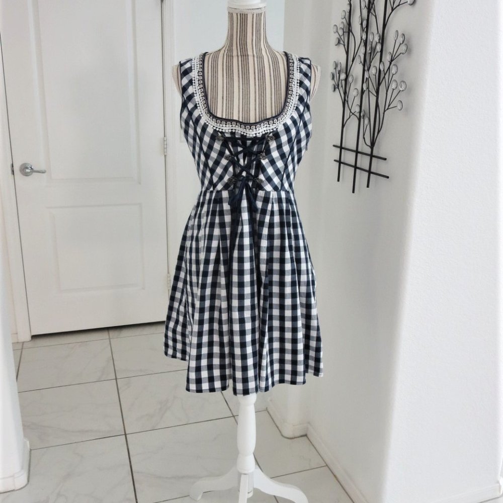 Like New Sleeveless Corset Front Dress Navy & White Gingham Check BOHO M…